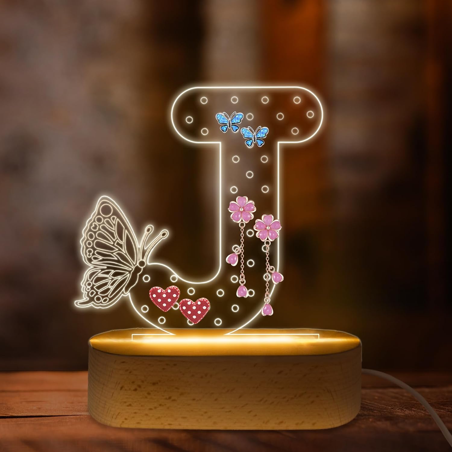 COSHAYSOO Initial Acrylic Earring Holder Organizer for Women Teen Girls with Butterfly Decorations LED Night Light Personalized Trendy Gifts for 14 16 18 21 25 30 Birthday Jewelry Stand Letter J