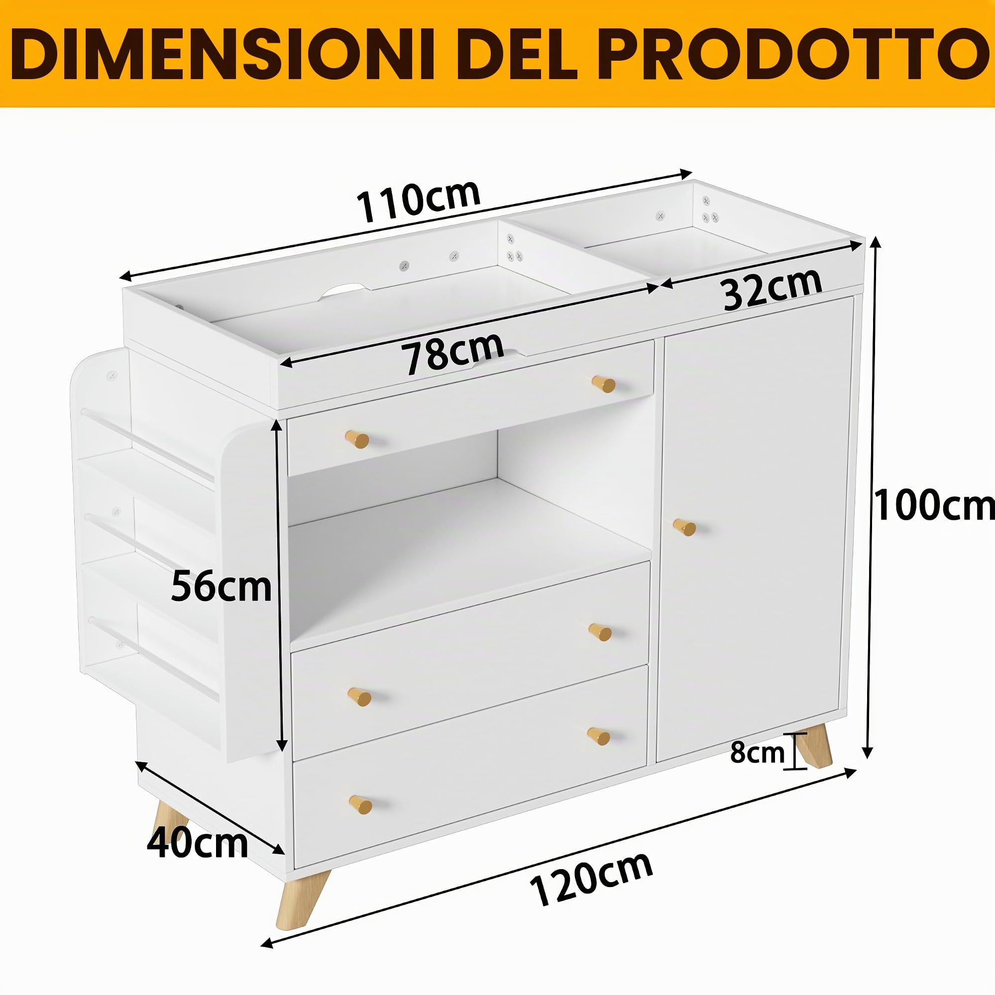 MSFE Cassettiera con Fasciatoio + Toeletta, Fasciatoio con Divisorio Rimovibile, Salvaspazio, in MDF, Grande Capacità, HxLxP:110 x 100 x 40 cm, fino a 100KG, Non include il cuscino