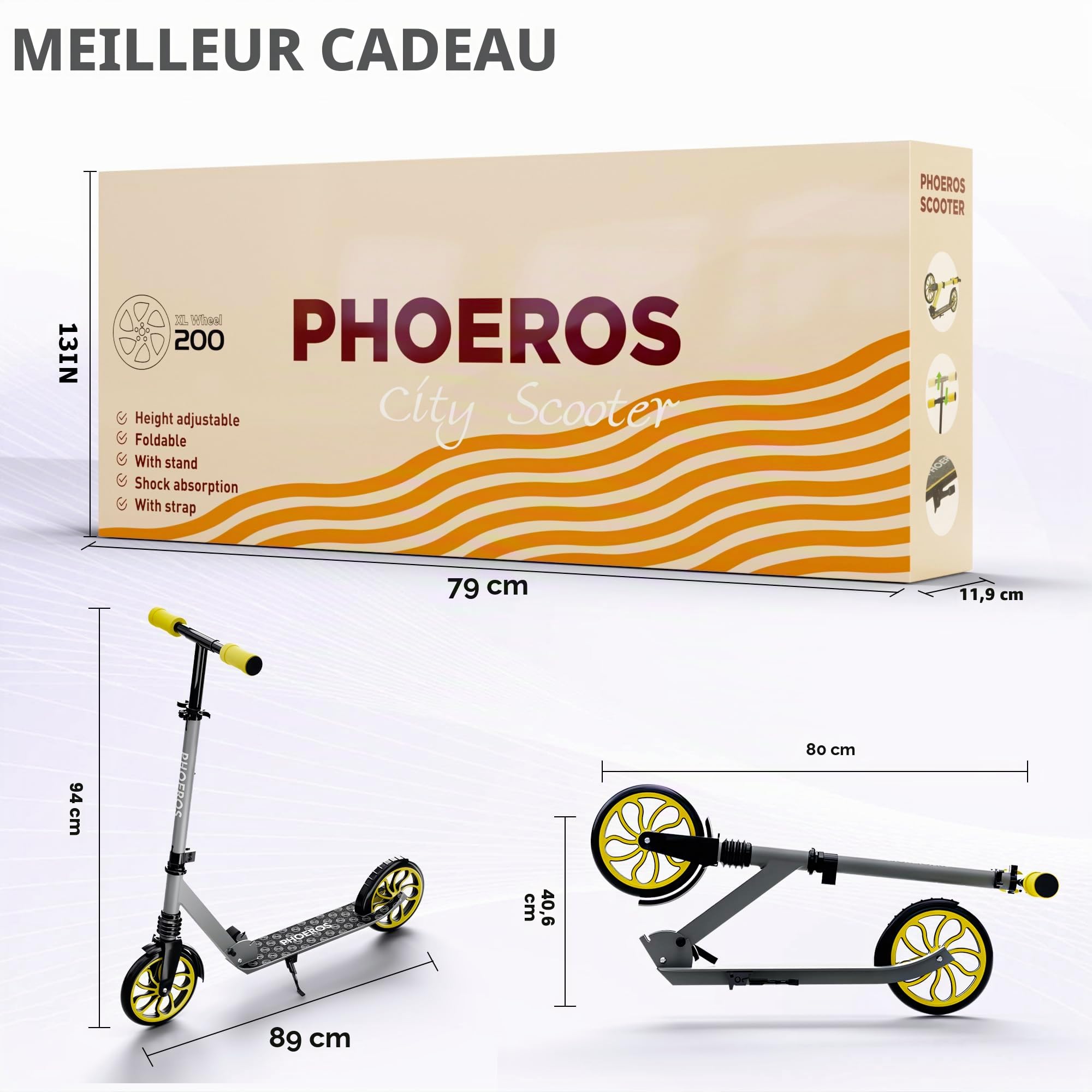PHOEROS Trottinette pour Enfants 6-12Ans,Adolescents et Adultes Trottinette Pliable Aluminium Léger pour Ados,Garçons&Filles,avec Grandes Roues 200mm,3 Hauteurs Réglables,Absorption Chocs