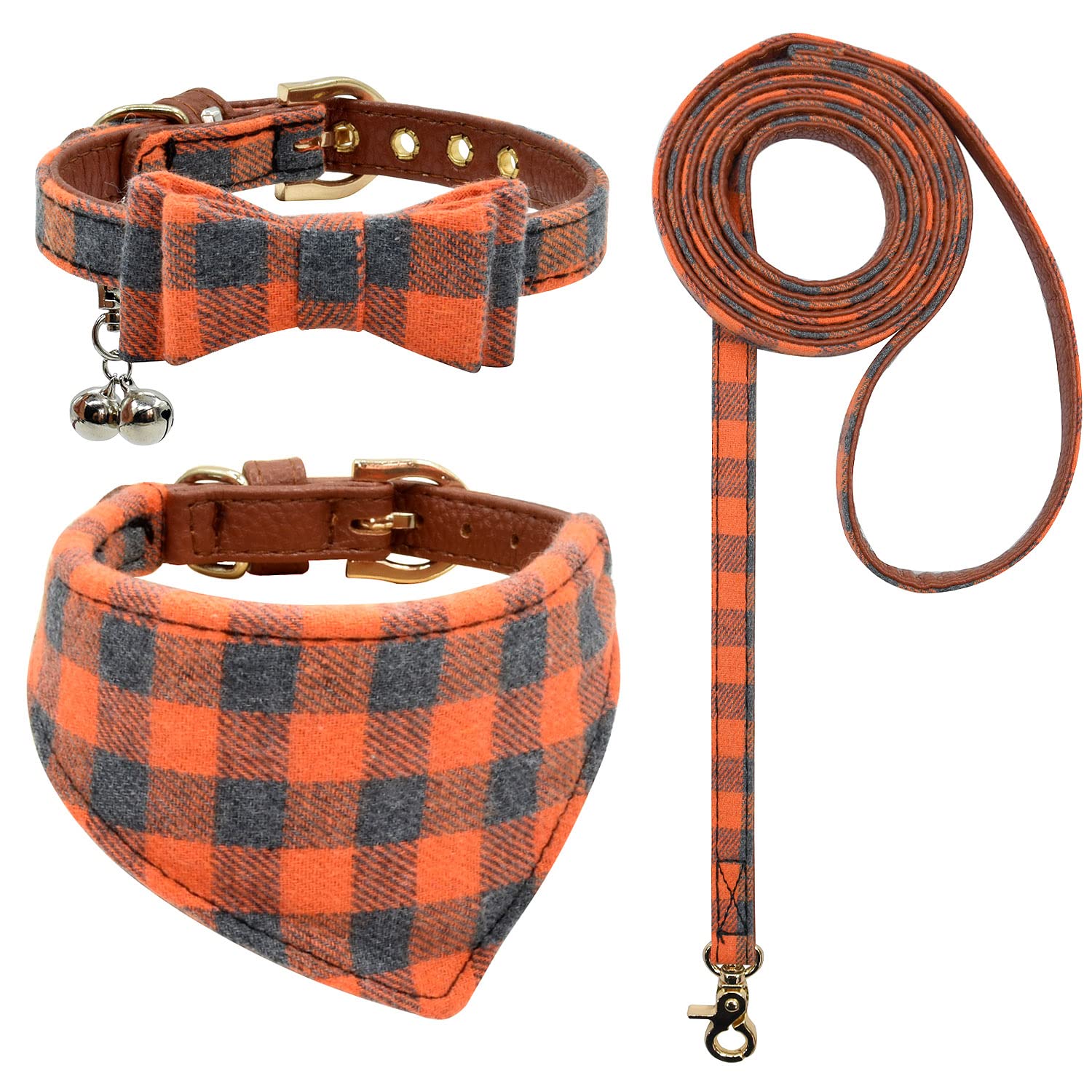 3PCS Bow Tie Dog Collar and Leash Set Plaid/Camo/Dots/Flower Dog Bandanas with Bell 3 Size Adjustable for Small Dogs Puppies and Cats (XS, Orange