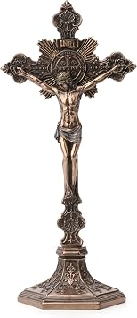 Veronese Design 9 5/8 Inch Saint Benedict Crucifix with Stand Cold Cast Resin Sculpture Bronze Finish