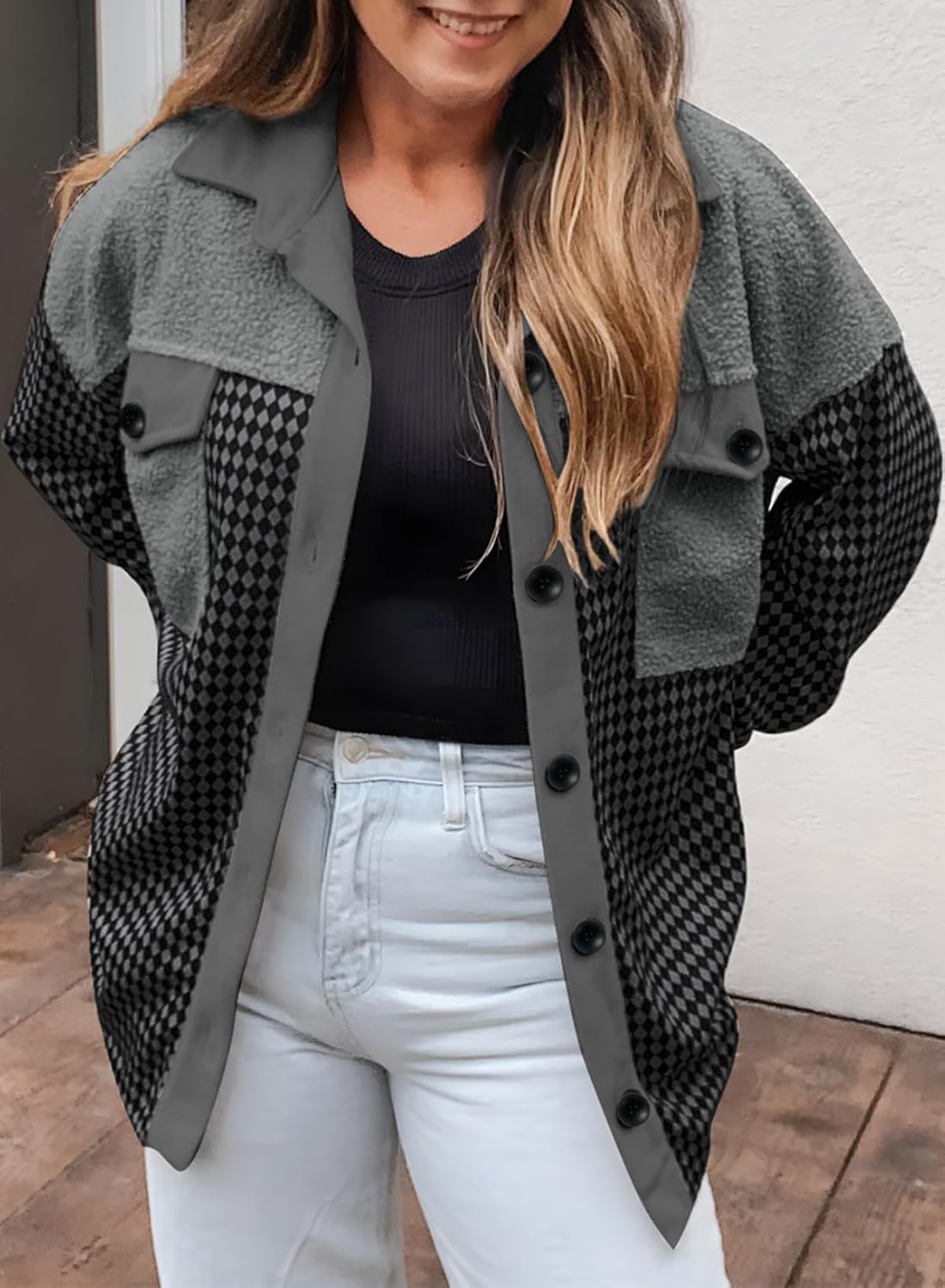 SHEWIN Shackets for Women 2025 Casual Long Sleeve Tops Button Down Plaid Fall Jackets - Image 3