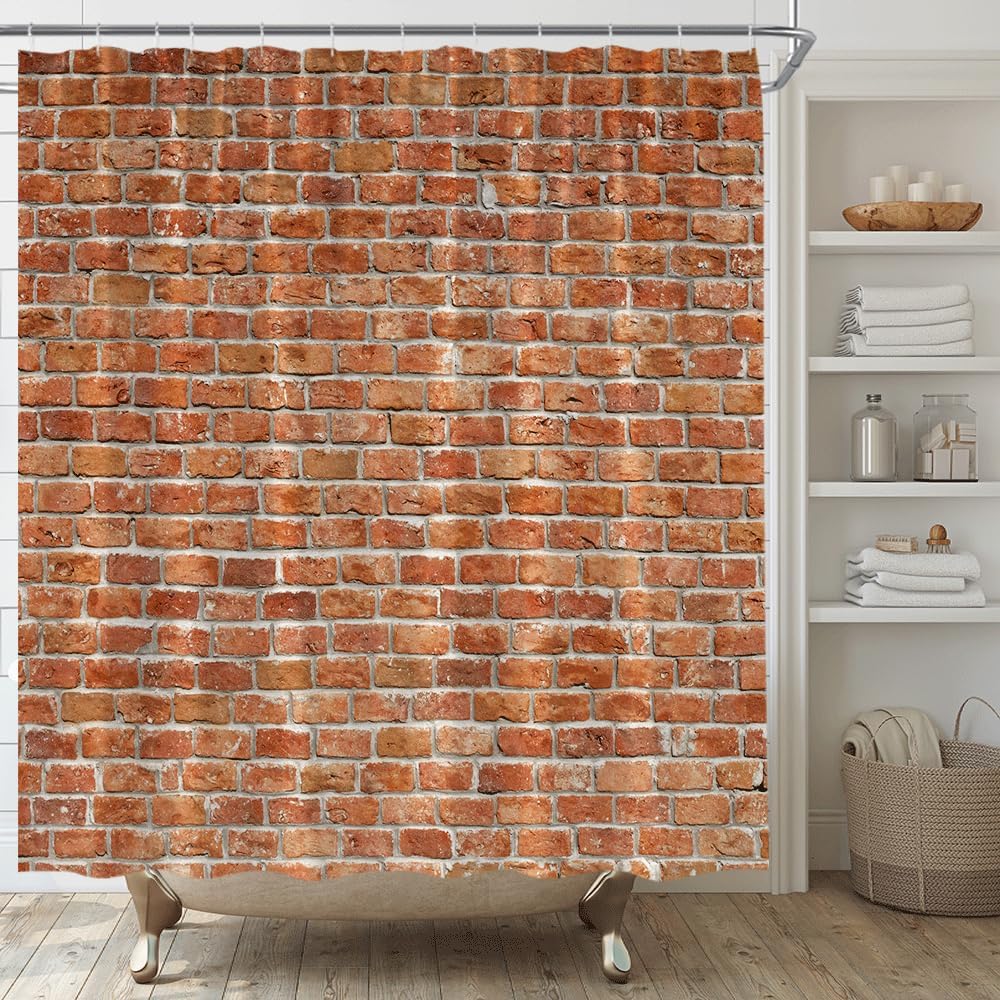AMFD Vintage Brown Red Brick Wall Shower Curtain Retro Rustic Stone Brick Wall Country Farmhouse Decor Home Bathroom Bathtub Curtains Set Include Hooks,(78" Wx70 H)