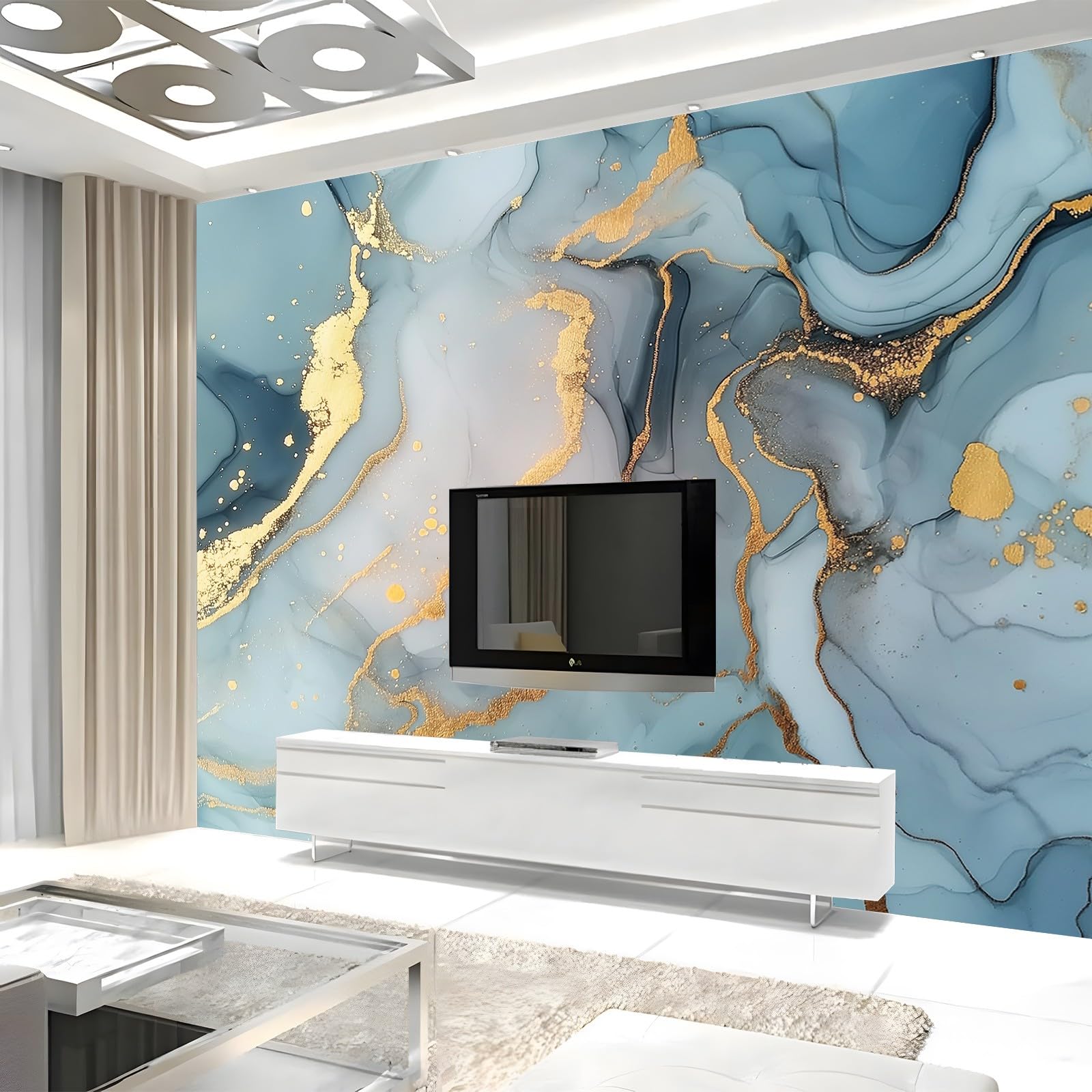 Carta da parati marmo liquido azzurro TNT fotomurale 3D effetto moderno per soggiorno, camera letto, sala pranzo, TV sfondo 300x210 cm