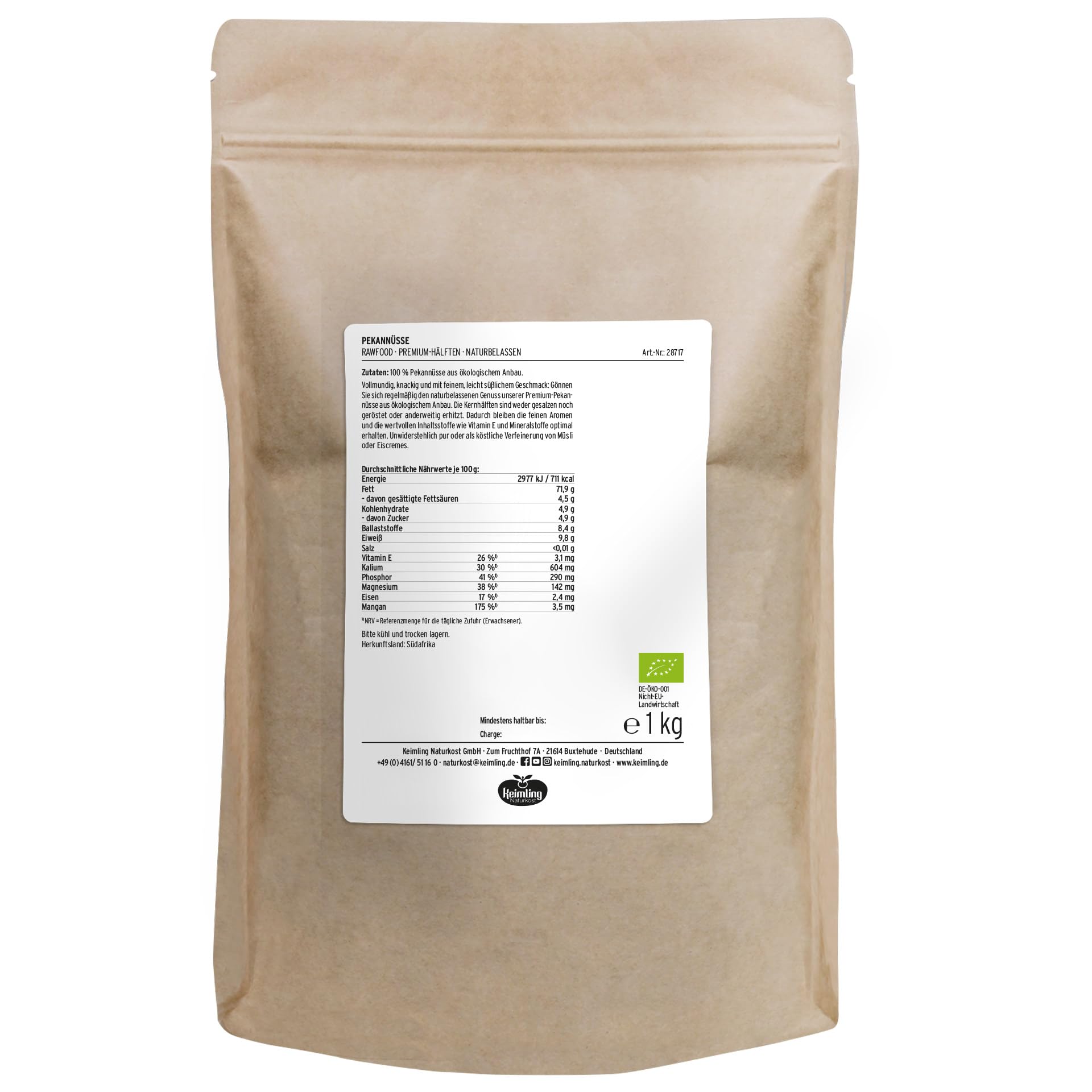 Bio-Pekannüsse – naturbelassene Rohkostqualität aus Südafrika, ungeröstet & ungesalzen, reich an ungesättigten Fettsäuren, Vitamin B1 & Mangan, vegan, Keimling Naturkost (1 kg)