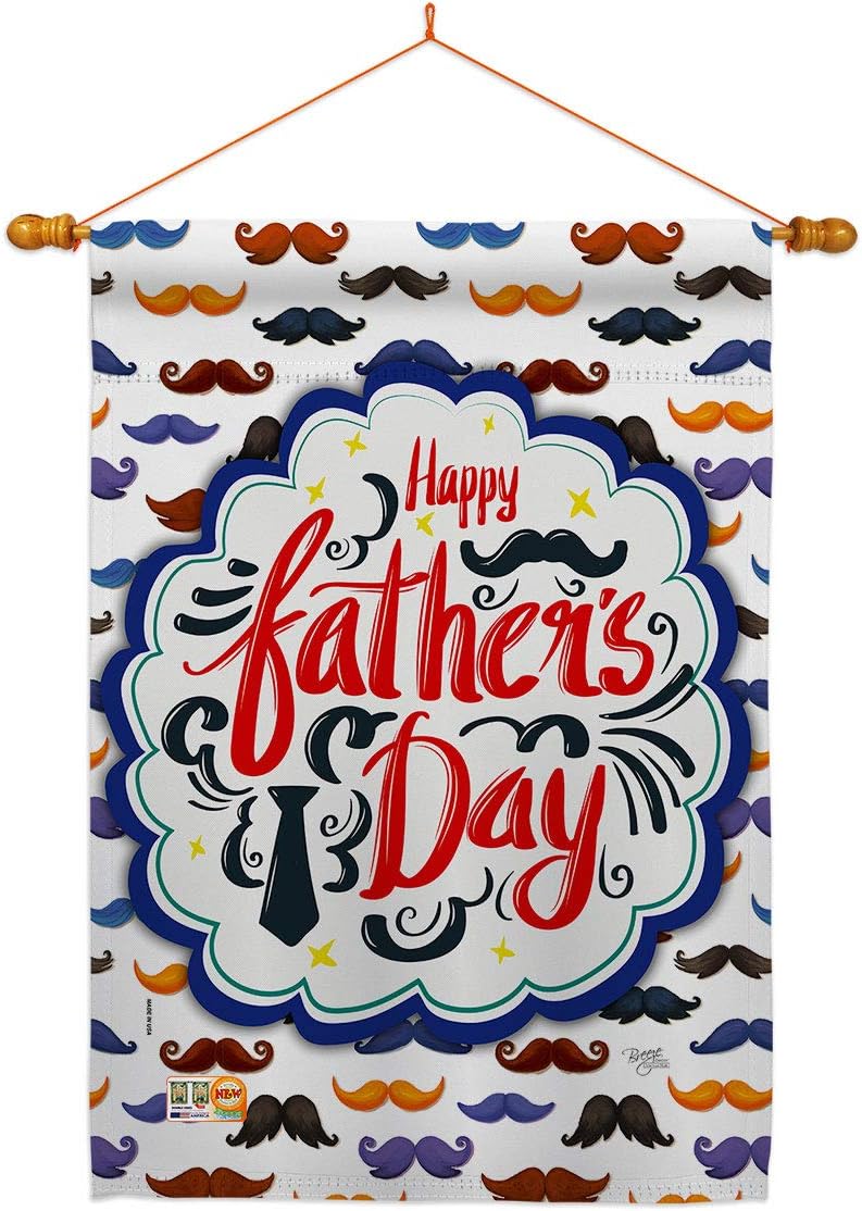 Happy Fathers Day Mustache House Flag Dowel Set Family Father Dad Daddy Papa Grandpa Best Parent Sibling Relatives Grandparent Small Decorative Gift Yard Banner Made In USA 28 X 40