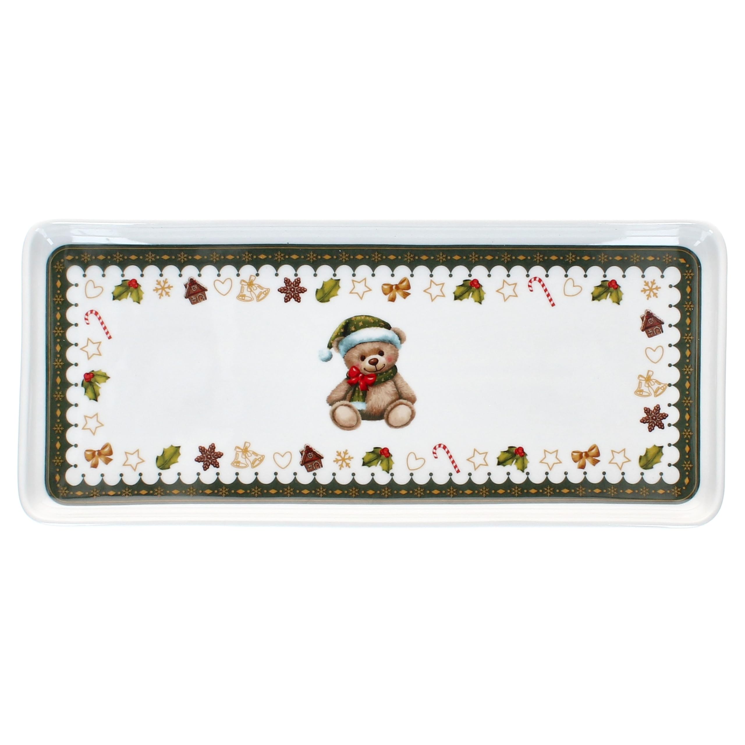 MamboCat Friend Zestaw 2 talerzy na ciasto prostokątne 35 x 15,5 cm | talerze bożonarodzeniowe z porcelany z misiem, domek z piernika itp. | na ciasteczka i wypieki