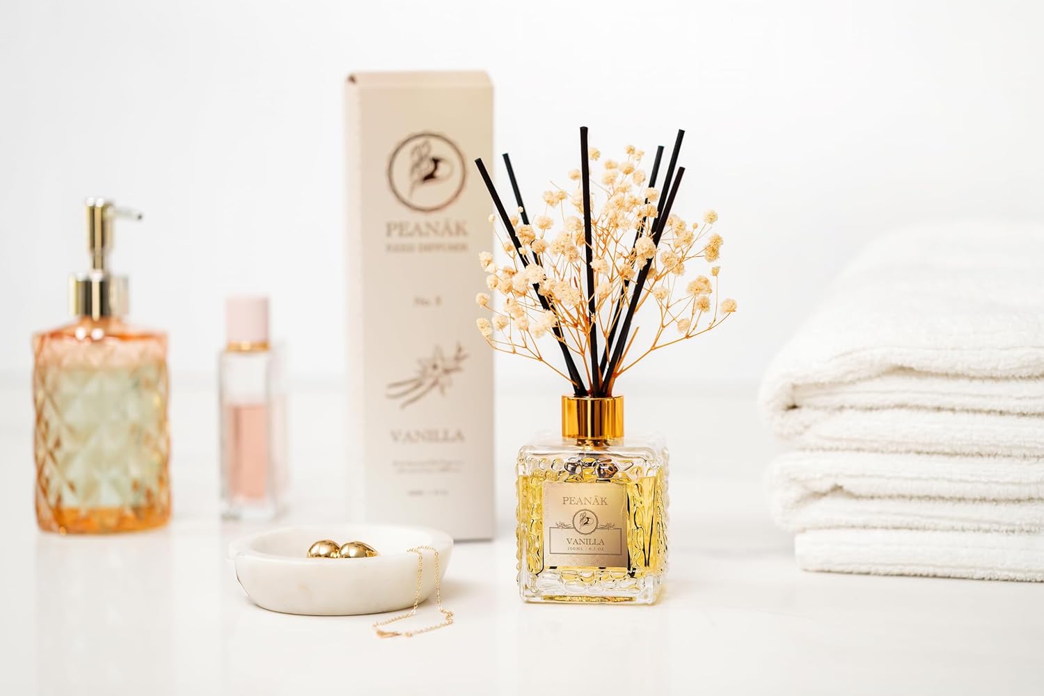 Reed Diffuser Set - Vanilla Coconut Oil, Oil Diffuser Sticks, Bathroom Diffuser, Bathroom Shelf Decor, 200ml with Preserved Flowers - PEANÄK - Image 5