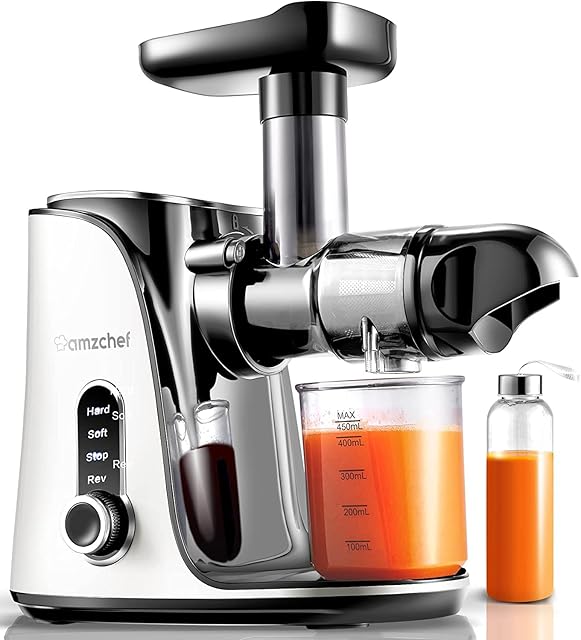 AMZCHEF Cold Press Sokowirówka do Owoców/Warzyw z 2 Prędkościami - Wyciskarka do Soków z Ultra Gęstym Filtrem - Wolnoobrotowa Sokowirówka do Całych Owoców i Warzyw - 1 Butelka i 2 Kubki - Biały