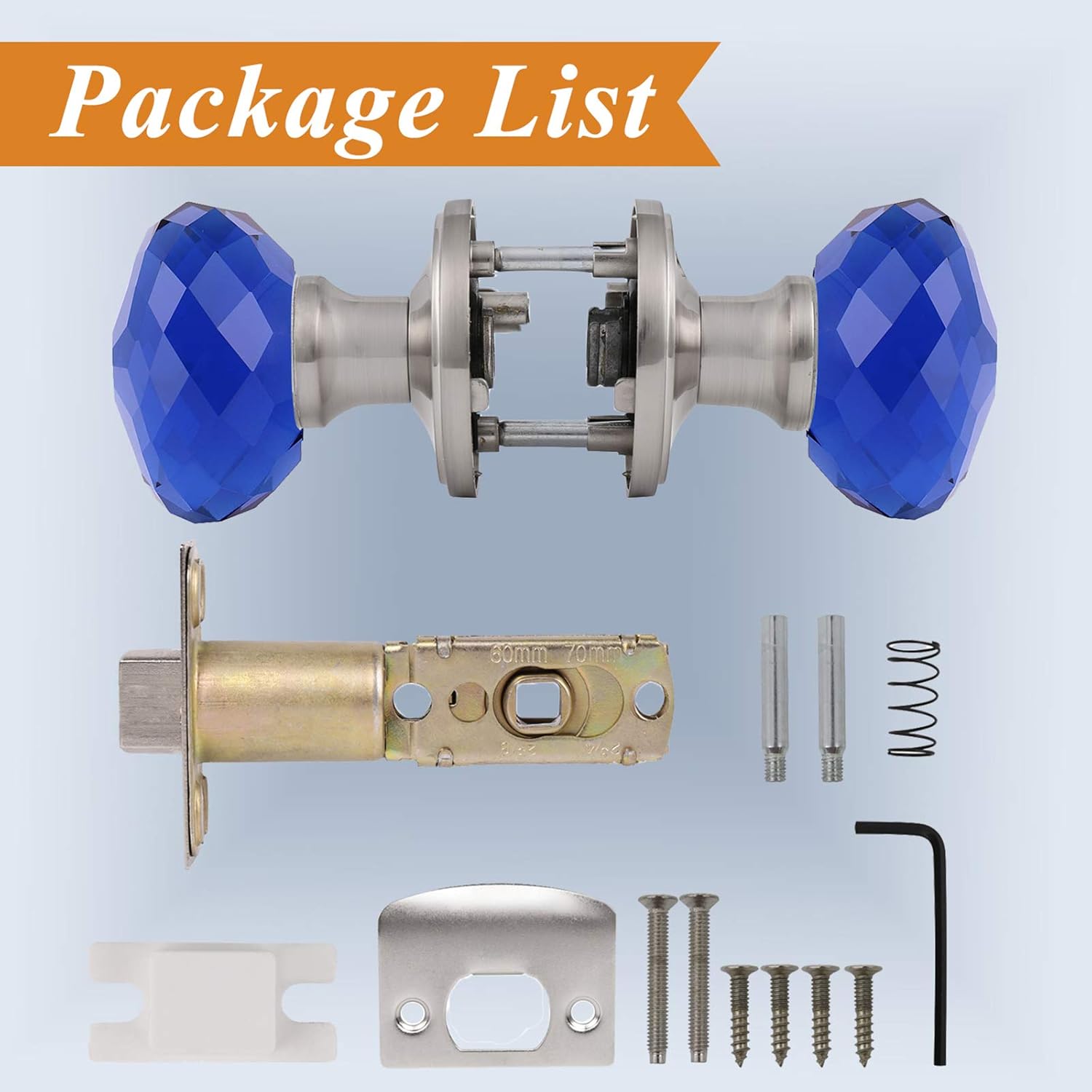 Probrico Non-Locking Keyless Door Knob Interior for Hallway/Closet 1 Pack, Round Faceted Diamond Shape Blue Glass Door Knobs Passage, Heavy Duty Crystal Door Knobs with Brushed Nickel Finish Rosette