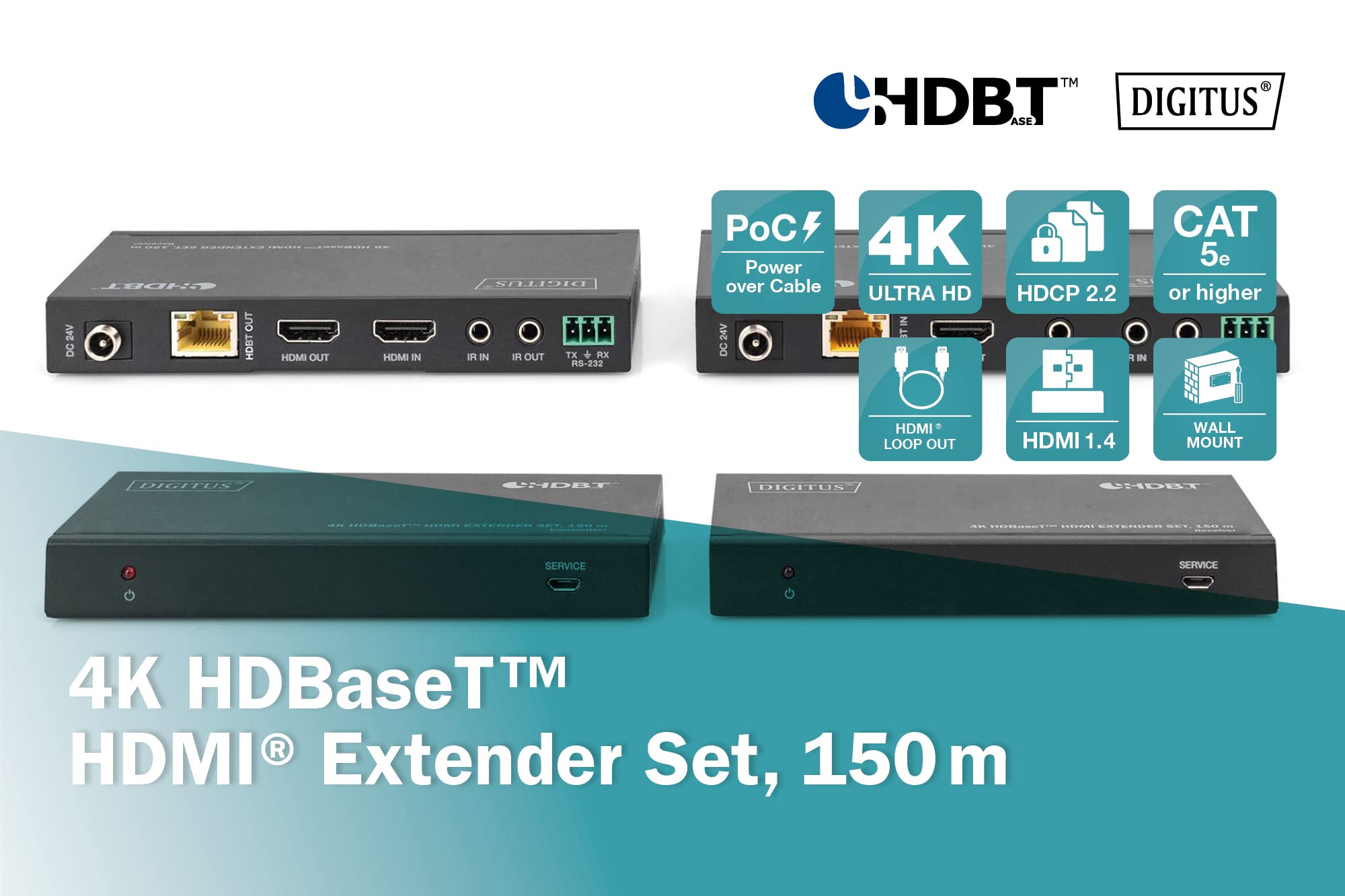 DIGITUS DS-55508 Estensore HDMI HDBaseT UHD 4K/60 Hz 120 m LAN Set Trasmettitore Ricevitore IR RS232 HDCP 2.2