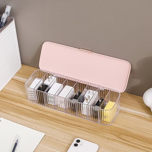 Paquete de 2 cajas organizadoras de cables rosas con tapa, estuche grande para organización de cables con correas de alambre para cargador de