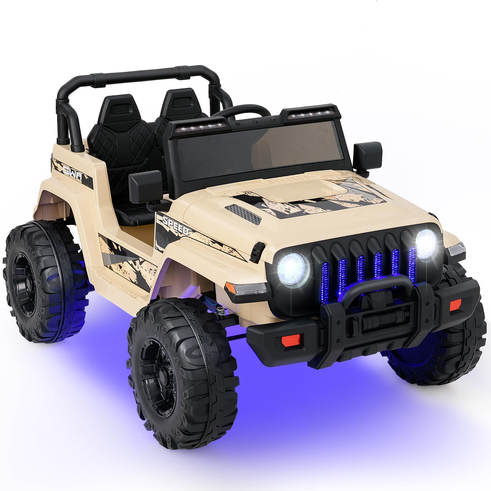 COSTWAY 12V Kids Ride on Truck, Battery Powered Electric Cars with Remote Control, LED Lights, Safety Belt, Bluetooth, Music & Horn, High/Low Speeds Ride on Toys for Boys Girls (Khaki)