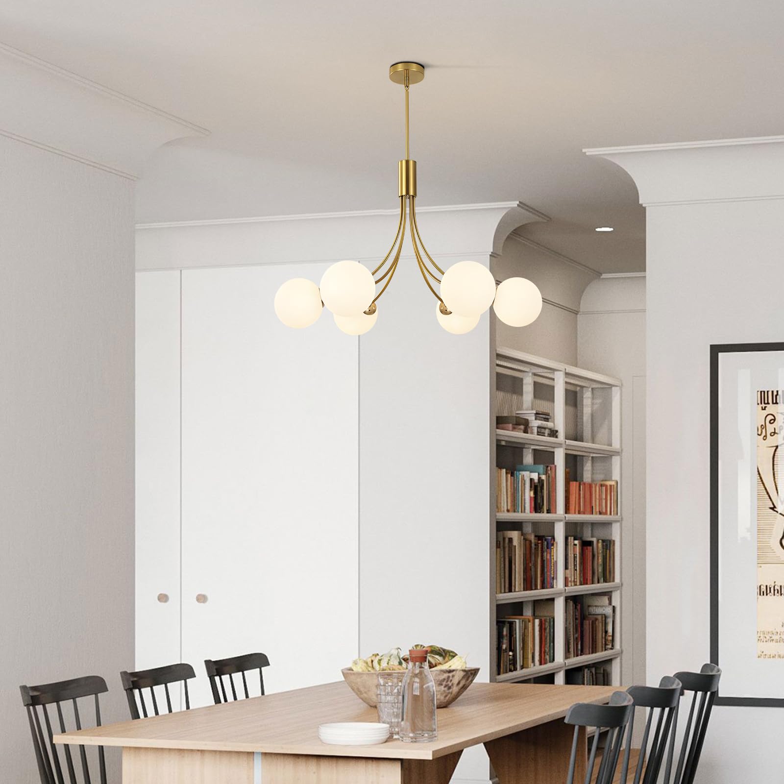 KCO Lighting Lampadario Sputnik Moderno 6 luci,Lampadario Oro Con Sfere Bianche per Sala da Pranzo, Isola Cucina, Soggiorno,Camera da Letto