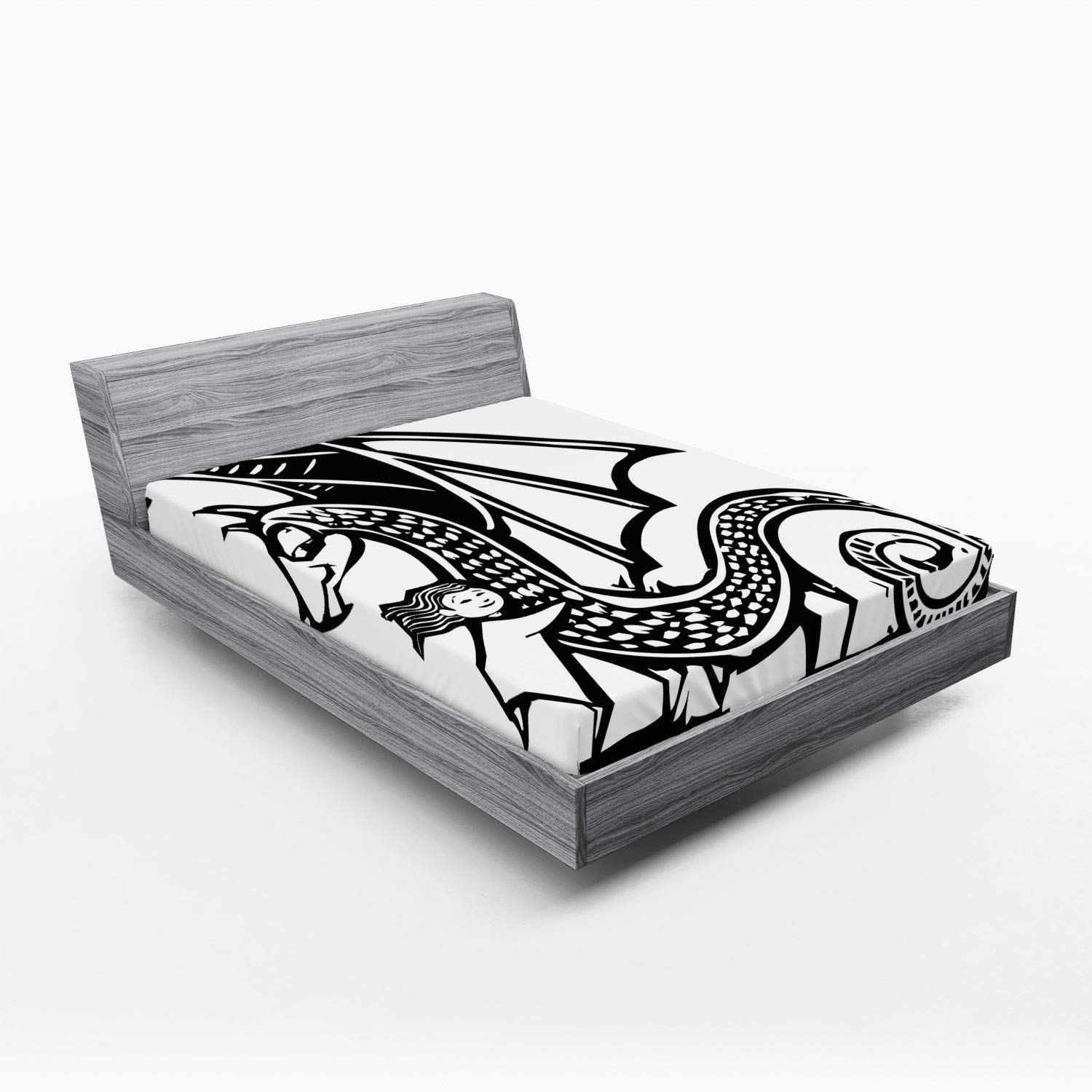 Lunarable Fantasy 2 Pack Fitted Sheet, Young Girl Hugging a Dragon, Bed Cover All-Round Elastic Deep Pockets 2 Pieces, Package Contains 2 Full Size Fitted Sheets, Black and White