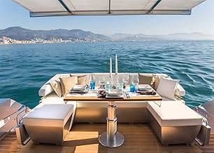 BELECO Luxury Yacht Backdrop Lunch on Motor Yacht, Table Sofa Dining Background Cruise Ship Ocean Island Mountain Scenery Background Holiday Wedding Photos Party Decorations Portrait Photo Prop