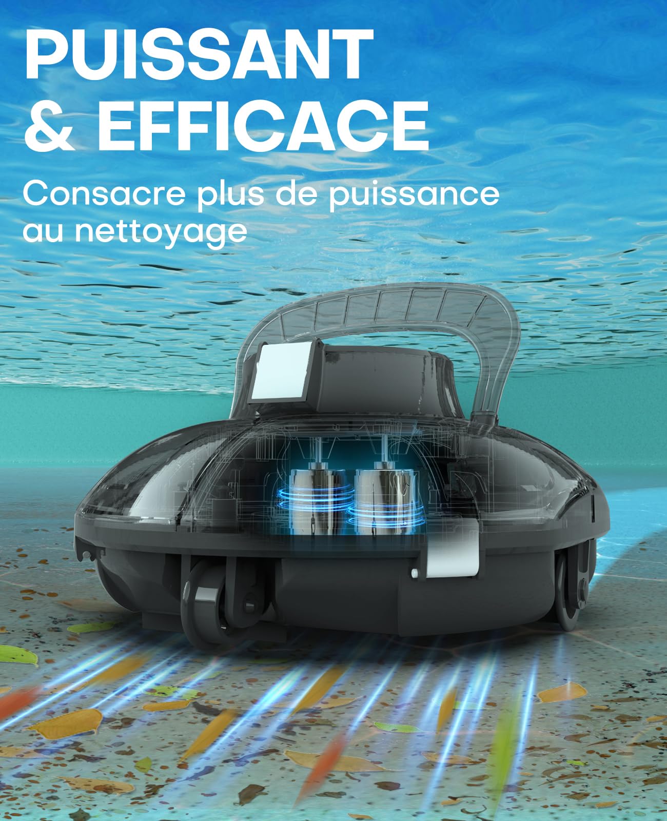 WINNY POOL CLEANER Winny 200 Robot Piscine, Aspirateur Piscine Sans Fil Avec Batterie, Autonomie 75 Min pour Piscines Hors-Sol 60m², Double Filtration,Stationnement Automatique(Transparent Noir-Blanc)