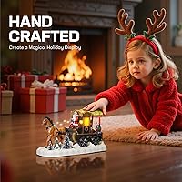 Vista 6 de Accesorios de pueblo navideño, carruaje dibujado por caballos, edificios coleccionables con 8 canciones y luces LED, figuras coleccionables