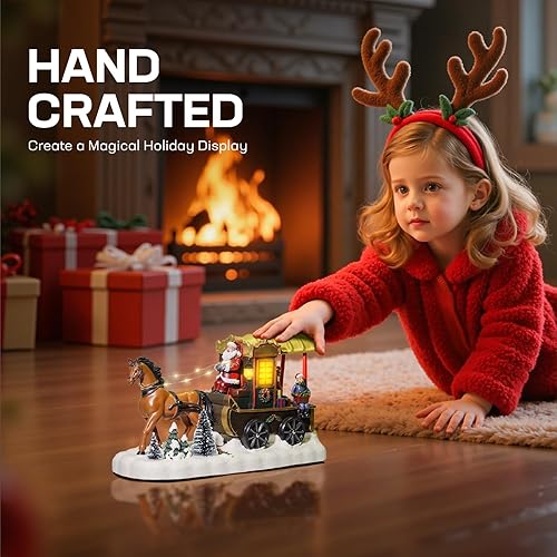 Miniatura 6 de Carruaje tirado por caballos, 8 canciones y luces LED, edificios coleccionables de Papá Noel para decoración interior del hogar, regalo festivo
