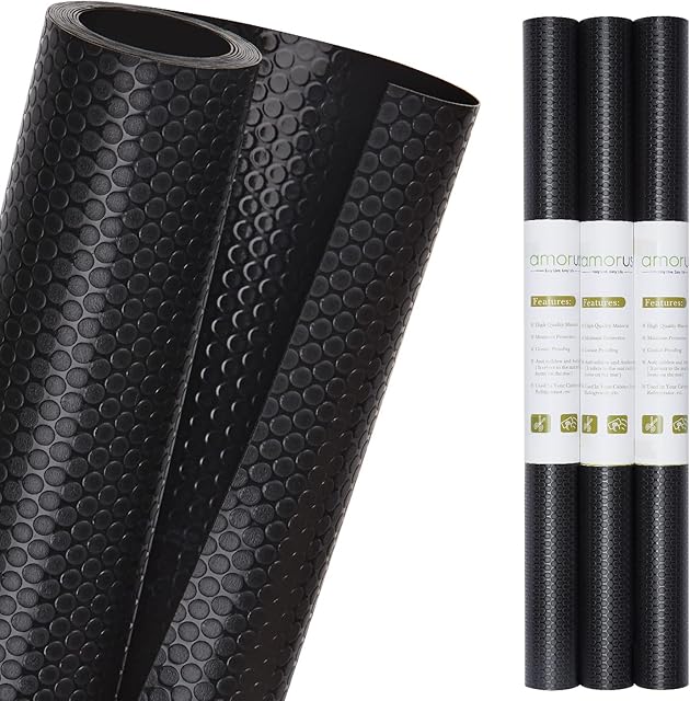 Drawer Shelf Liners for Kitchen, 3 Rolls DIY EVA Waterproof Non-Slip Cabinets Refrigerator Liners Kitchen Cupboard Liner 150 x 45cm (Black)