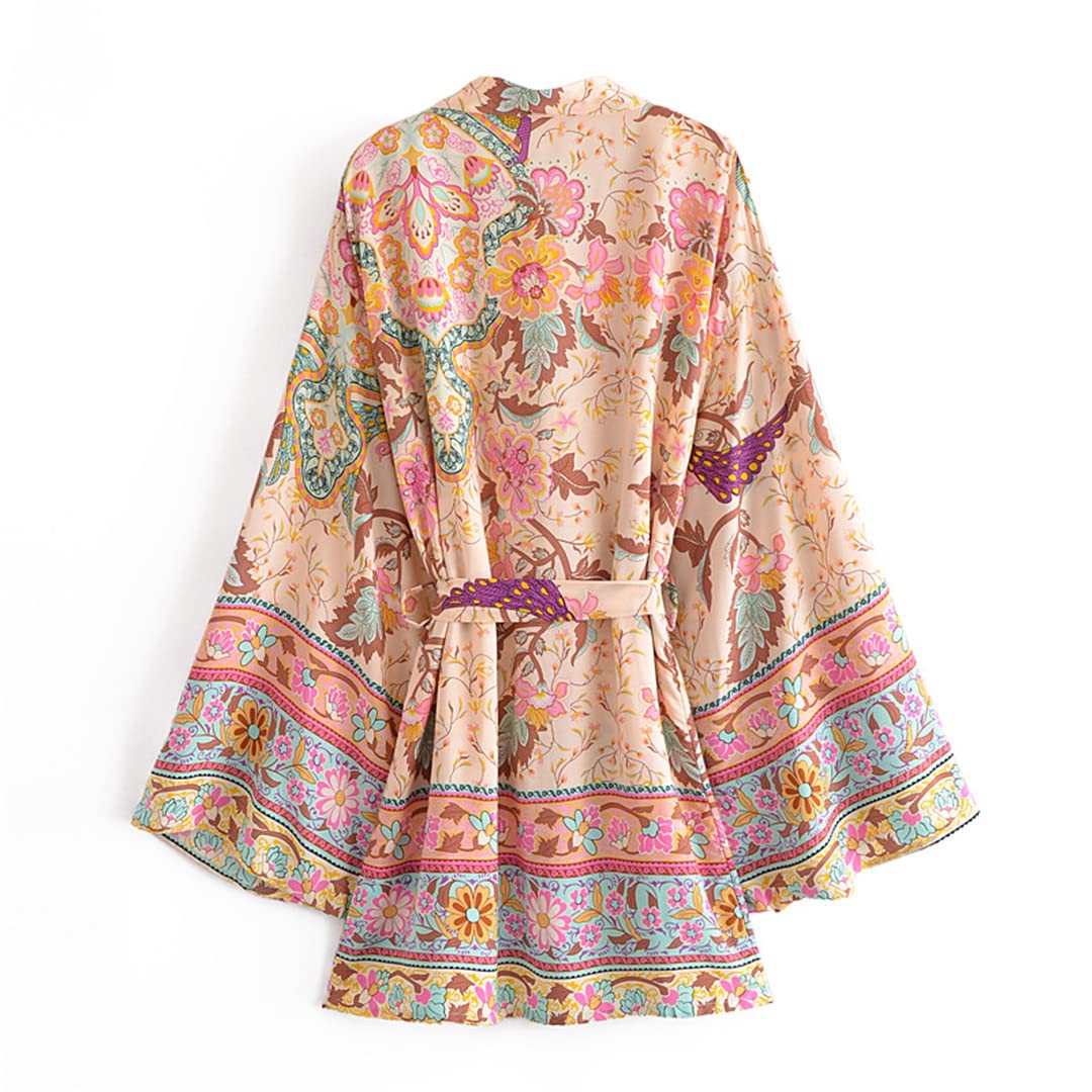 Dninmim Kimono court pour femme avec col en V imprimé floral vintage, blanc, S