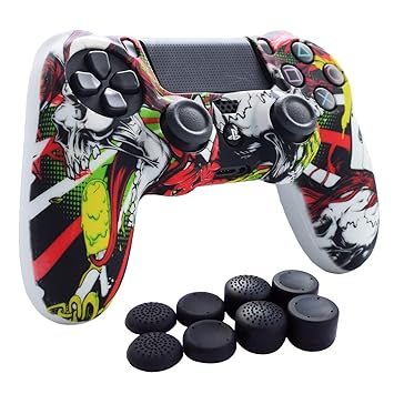 PS4 Controller Grip,Hikfly Skin Silicone Gel Controller Cover Case Protector Compatible for PS4/PS4 Slim/PS4 Pro Controller (1x Controller Cover with 8 x FPS Pro Thumb Grip Caps)(White Puke)