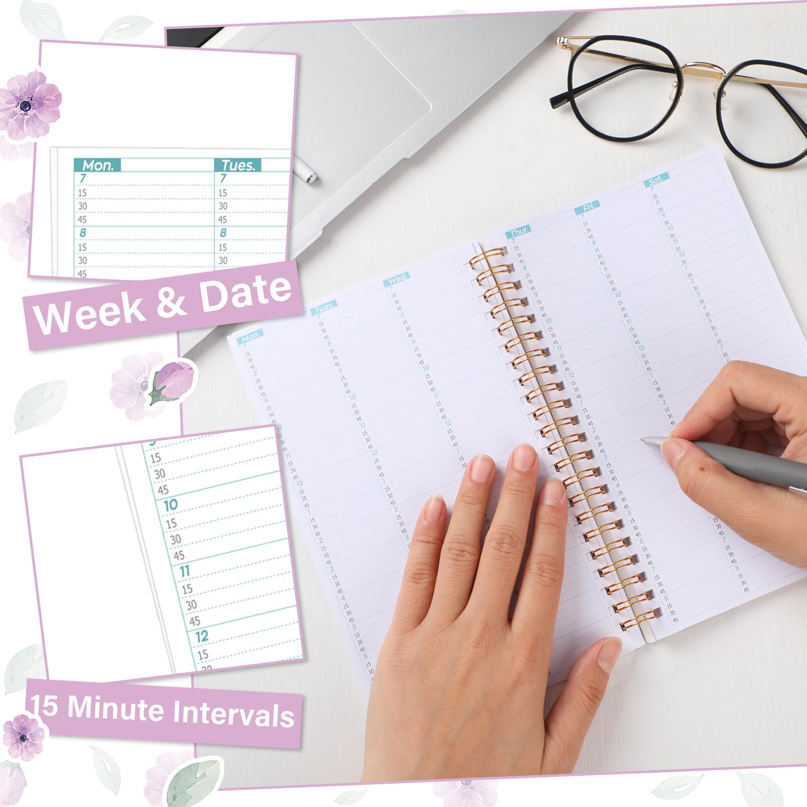ReliThick Salon-Terminkalender, 12 x 20 cm, 2025, Taschen-Wochenplaner, Mini-Größe, Blumen-Kalender, Terminbuch, 108 Seiten, 53 Wochen, für Frauen, Arbeit, Geschäft (lila Blumenmuster)