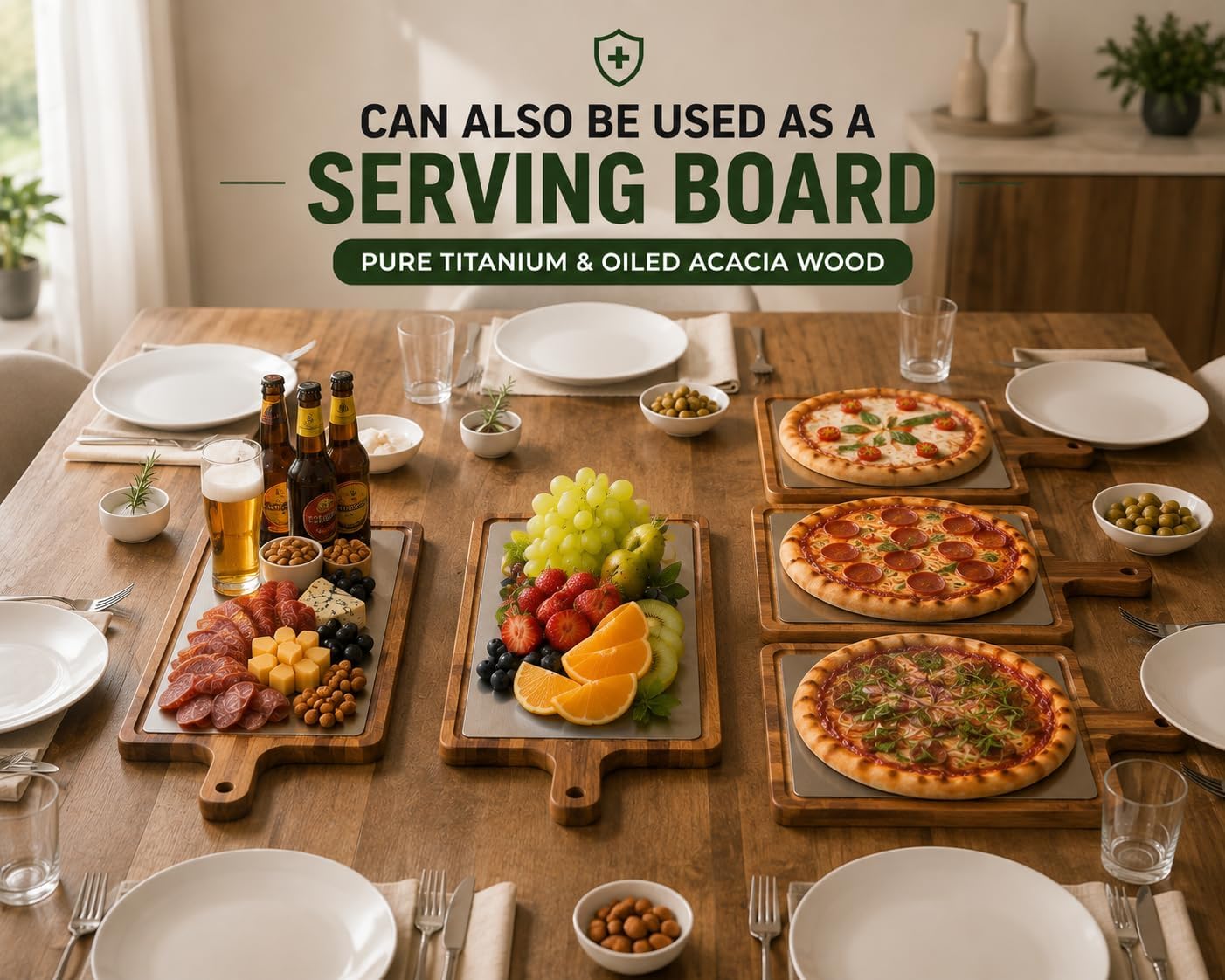 Titanium Cutting Board with Acacia Wood, Double-Sided 17.7 x 9.8 in, 100% Pure Titanium Surface, Natural Wooden Cutting Board with Handle for Meat, Fish, Vegetables, Kitchen & Outdoor Cooking