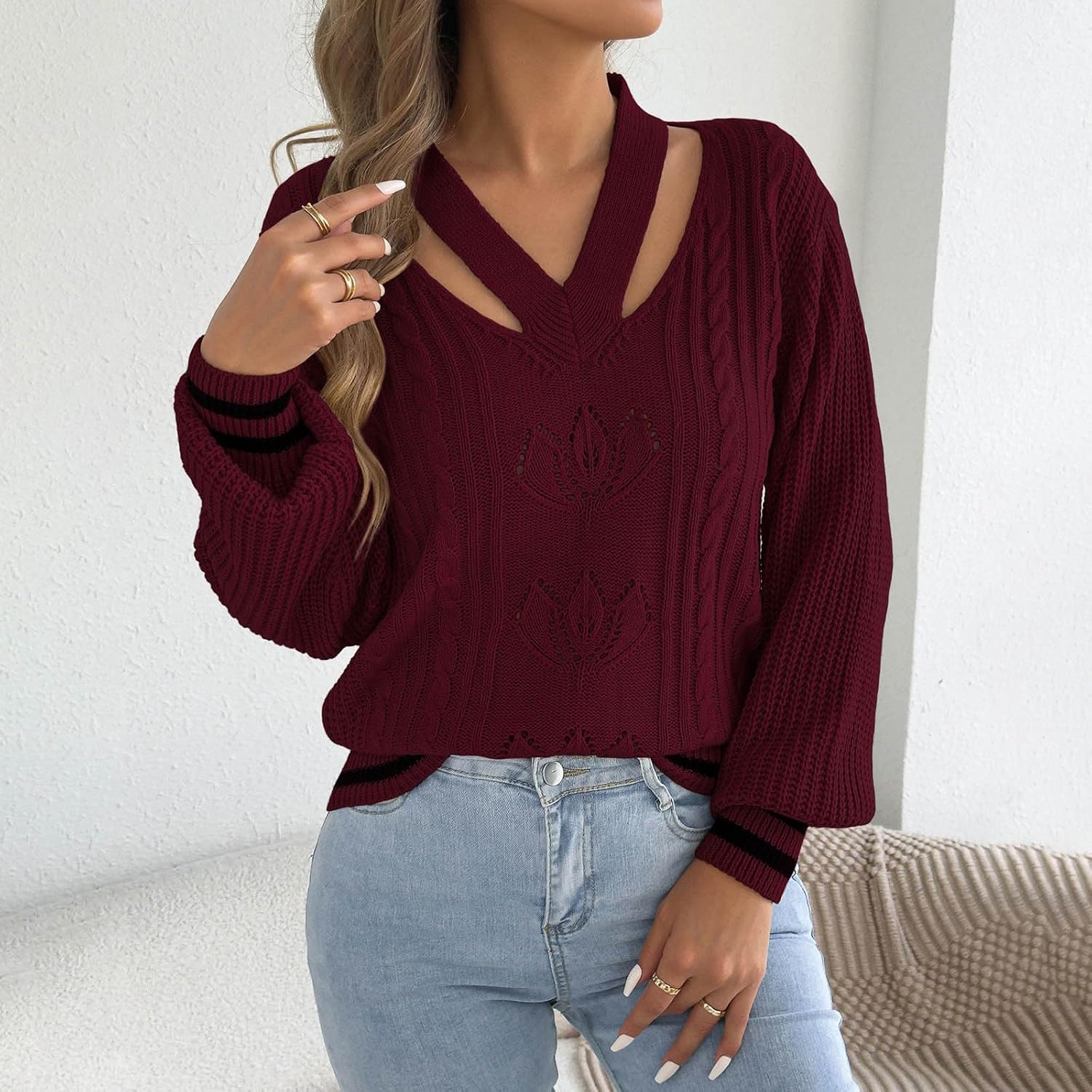 Women Cutout V Neck Cable Knit Sweater Floral Eyelet Casual Shirts