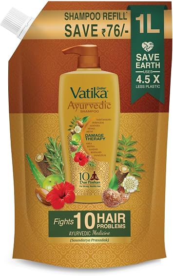 Dabur Vatika Ayurvedic Shampoo Refill Pouch - 1l | Damage Therapy | Power of 10 ingredients for solving 10 hair problems| No Parabens | For all hair types