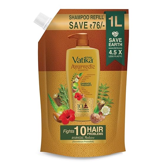 Dabur Vatika Ayurvedic Shampoo Refill Pouch - 1l | Damage Therapy | Power of 10 ingredients for solving 10 hair problems| No Parabens | For all hair types