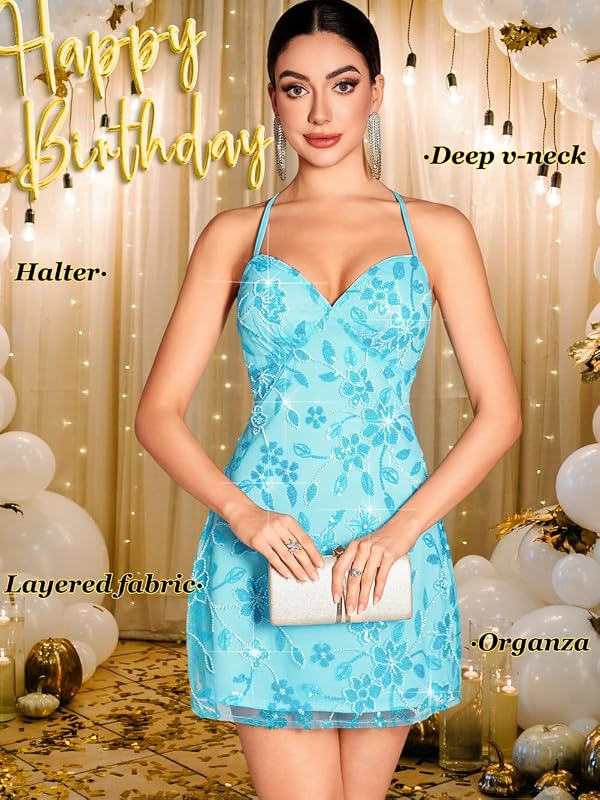 ShawGobow Beaded Sequin Dress,Backless Floral Mini Dresses for Women,Homecoming Cocktail Party Sparkly Outfits Light Blue Large by ShawGobow - Used condition - Image 5
