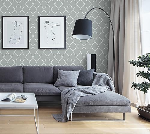 Miniatura 5 de Feisoon Papel tapiz gris de 17.3 x 197 pulgadas, papel tapiz de enrejado geométrico, impermeable, moderno, extraíble, autoadhesivo, patrón de