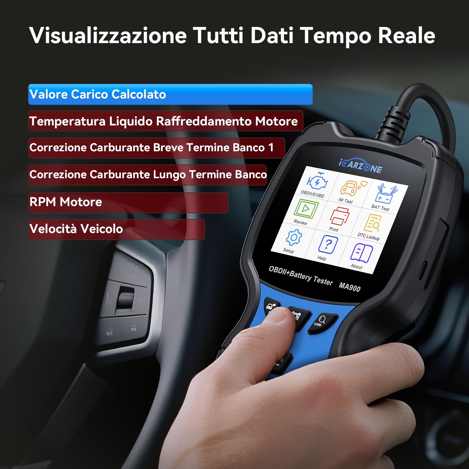 MA900 Tester Batteria Auto + Scanner OBD2 -Test di Scarica, Test di Avviamento, Test di Carica, Lettura OBFCM, Leggere/Cancellare Codici, Dati in Tempo Reale, per Auto/Motocicletta-12V/24V