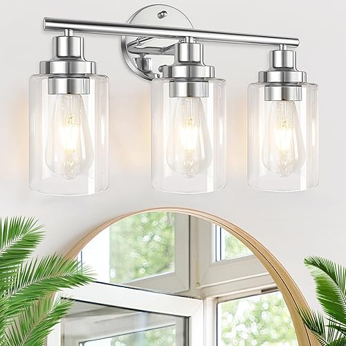 Lámparas de baño cromadas, 3 lámparas plateadas, modernas lámparas de pared con pantallas de vidrio transparente, lámpara de pared para espejo,