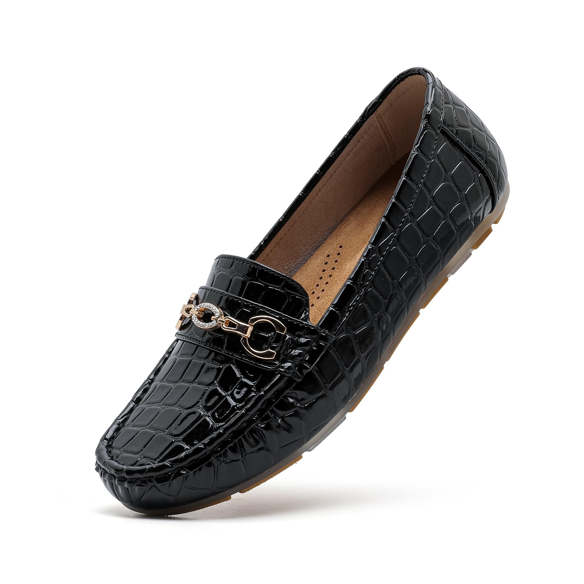 Women's Business Loafers Work Casual Flats Shoes Lightweight Penny PU Leather Slip On Walking Shoes 8 Bright Black Stone