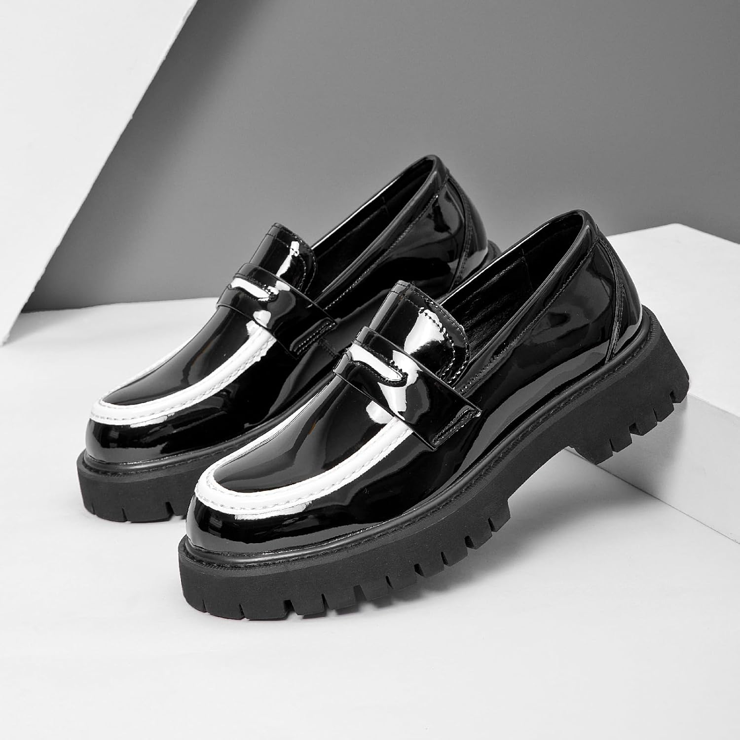 Men's Leather Platform Penny Loafers Round Toe Slip-On Non-Slip Lug Sole Dress Shoes for Business Work Daily Wear - Image 4