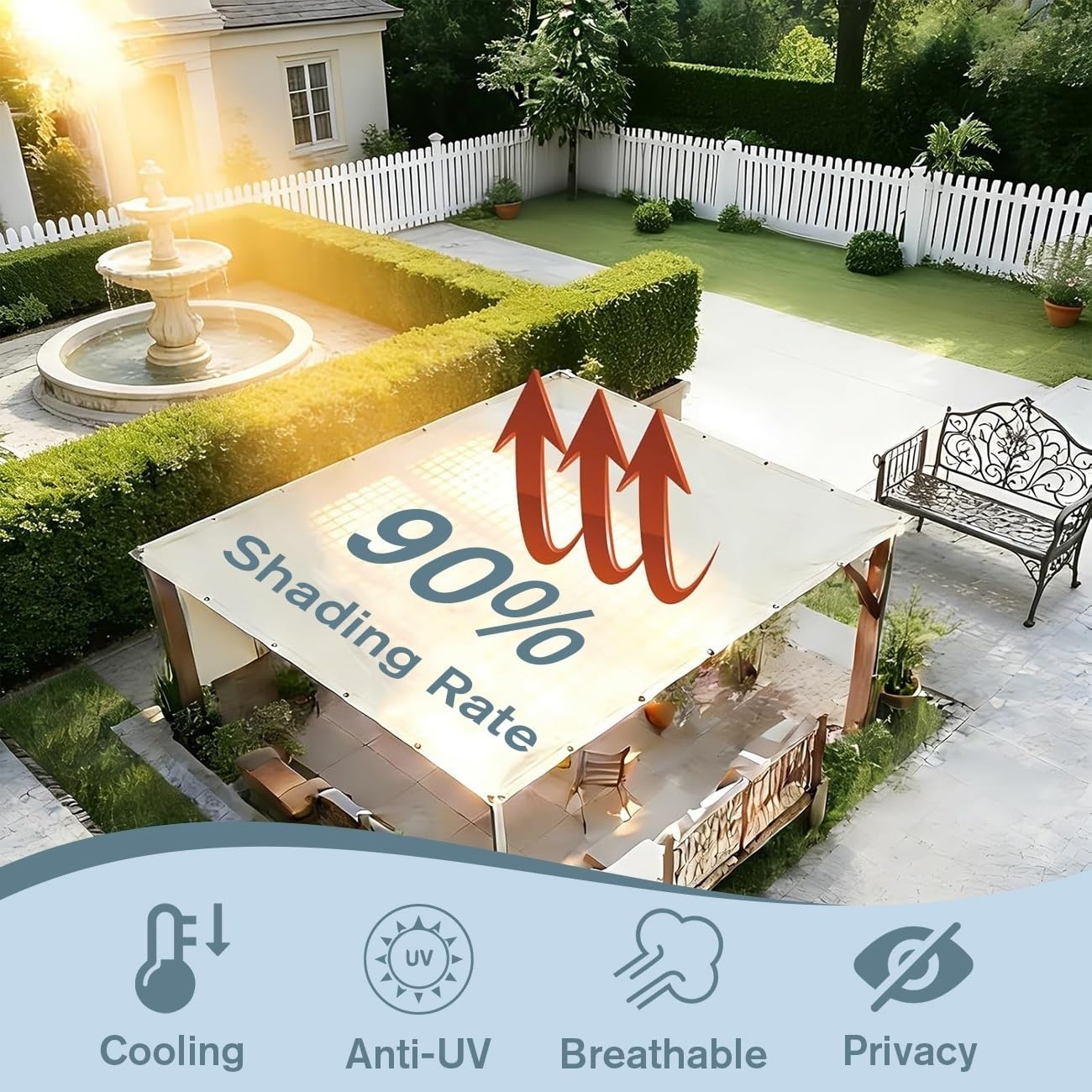 Telo Ombreggiante da Campeggio per Esterni con Anti UV al 90%, Tessuto Antivento Traspirante, Rete Ombra per Tende Picnic Spiagge Giardini(4x9.0m/13.1′x29.5′)