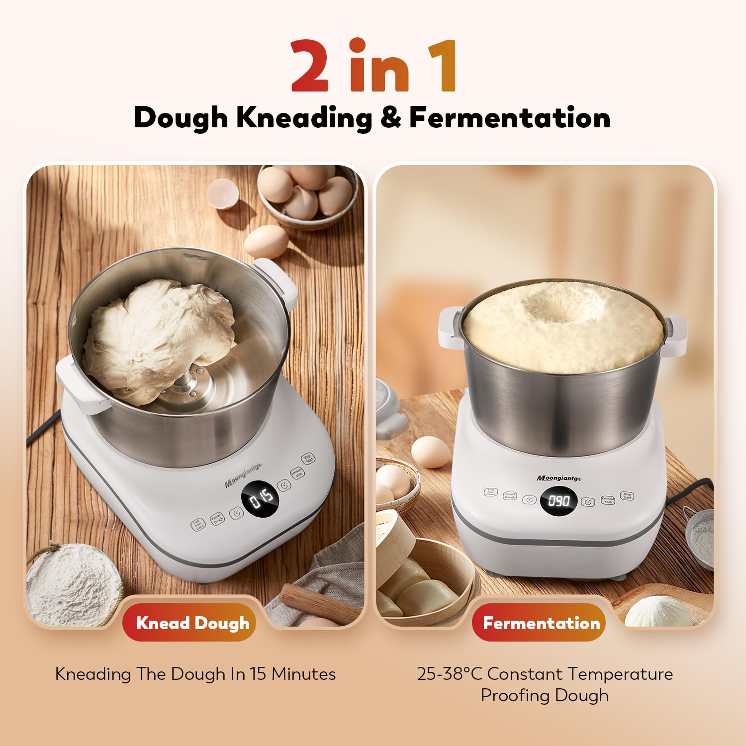 Moongiantgo 5L Dough Maker with Ferment Function, 200W Dough Kneading Machine with 304 Stainless Steel Bowl, Low Noise Operation, Microcomputer Timing, Touch Panel (White)