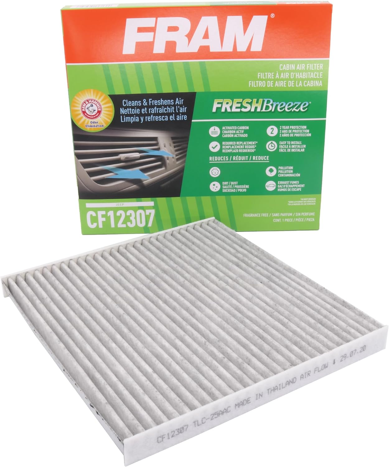 FRAM Fresh Breeze Cabin Air Filter Replacement with Arm & Hammer Baking Soda and Activated Carbon, CF12307, 2 Year Protection, Easy Install, Fits 2019-2023 Jeep Cherokee