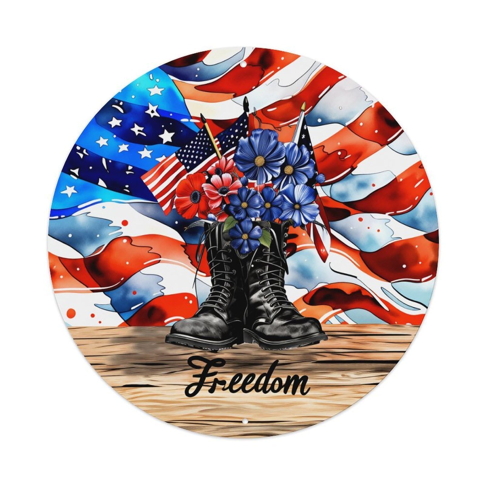 American Flag Boots Flowers Freedom Round Tin Sign Vintage Metal Poster, Home Bar Garage Man Cave Cafe Indoor & Outdoor Wall Decoration 8x8Inches