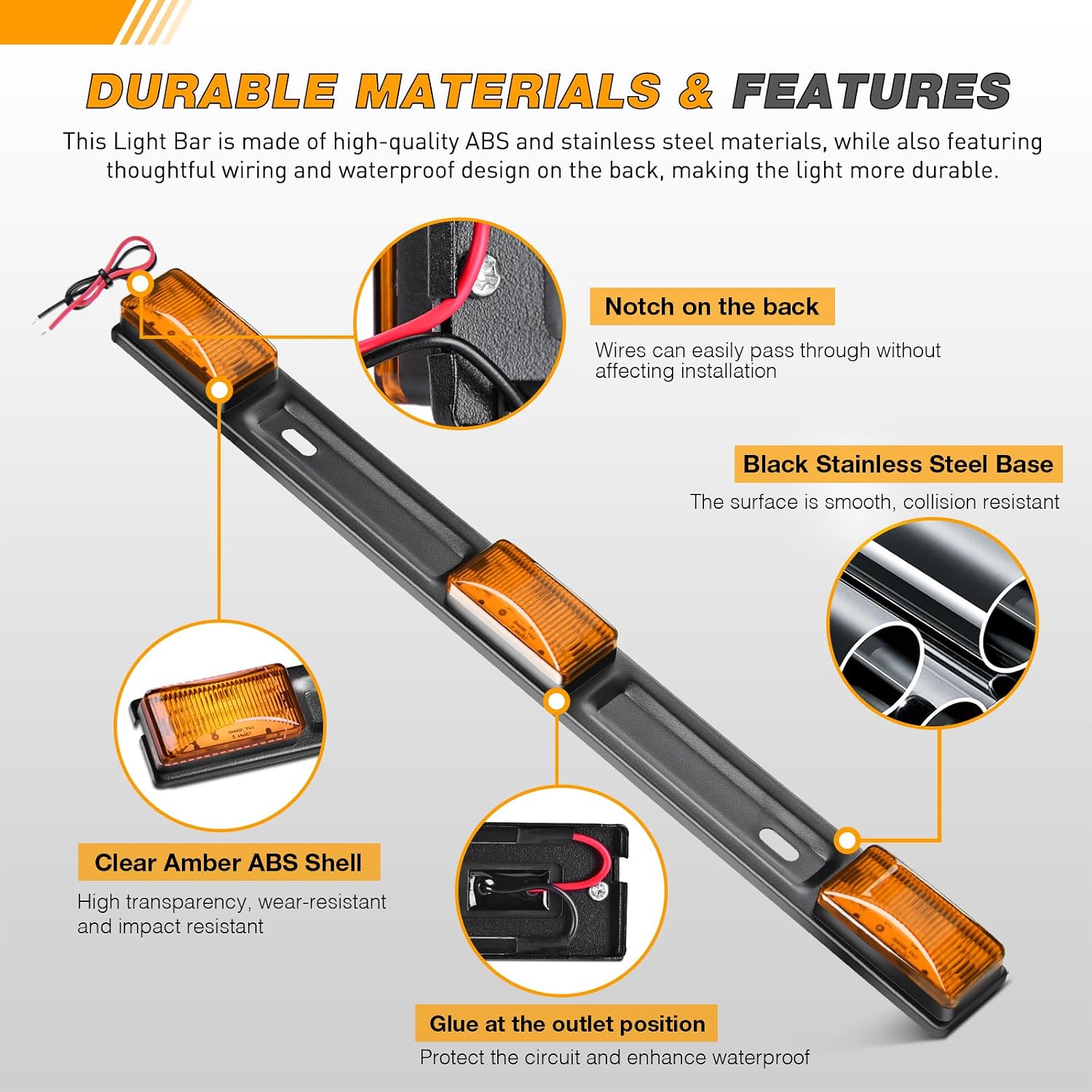 GOOACC 9LED Marker ID Bar 1PC 14.2Inch Amber Trailer Rear Clearance Identification Lights Stainless Steel Bracket IP67 Waterproof for Pickup Truck RV Boat