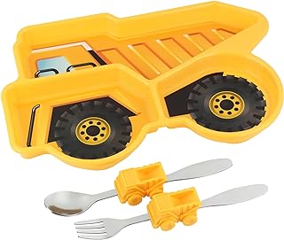 Funwares Yellow Dump Truck Engaging Kids' Dinnerware Set: Durable, Divided Plate, Spoon and Fork Ideal for Picky Eaters, Educational Mealtime, Easy Cleaning, Gift for Toddlers