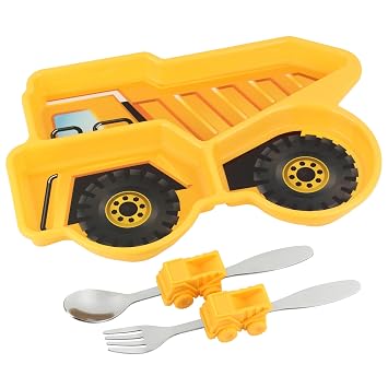Kids Divided Plate with Utensils - Childrens Meal Set with Plate, Fork and Spoon - Dump Truck