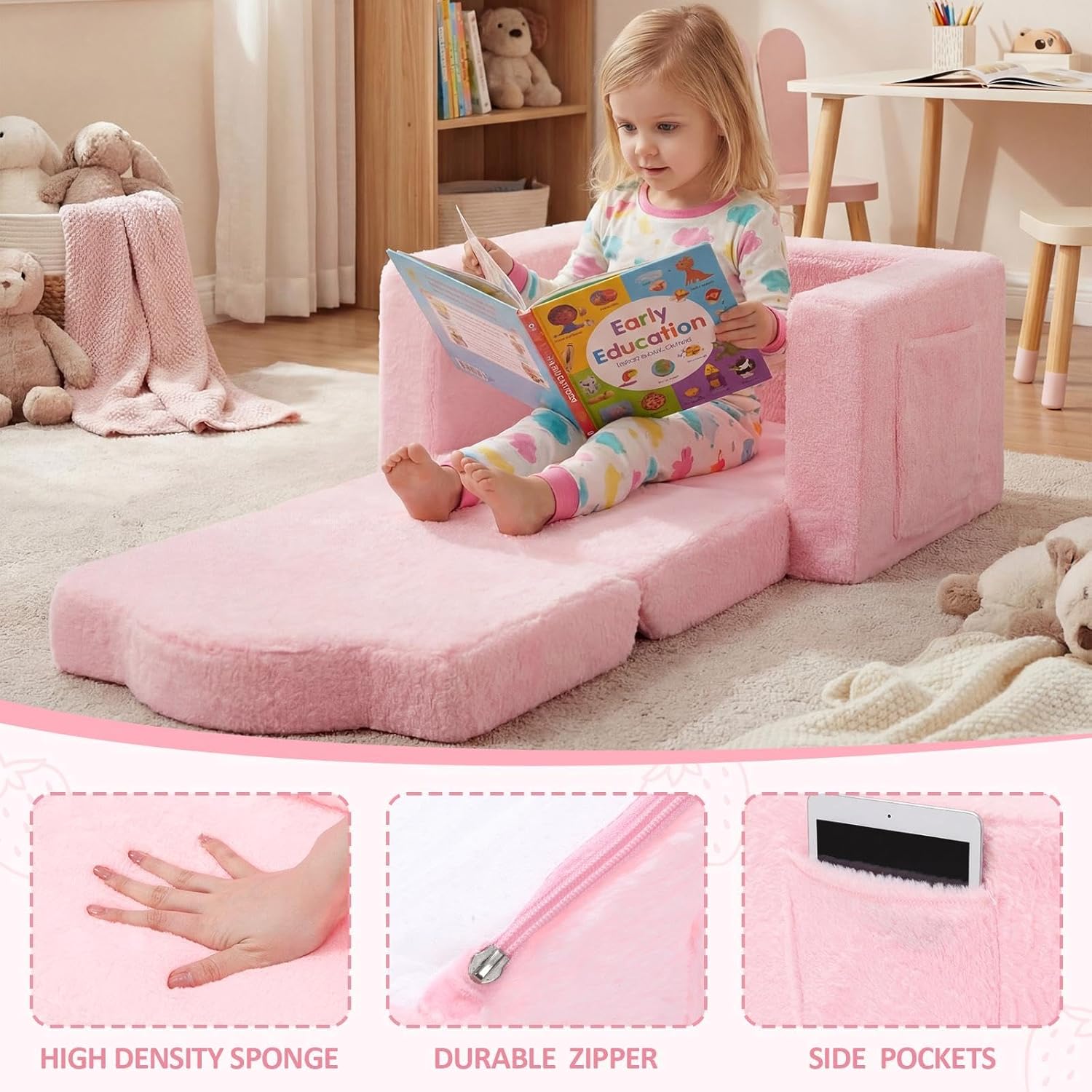 Novabright Kids Chair or Couch for Toddler, 2-in-1 Soft Foldable Couch, Comfy Toddler Chair, Convertible Sofa to Lounger, Gifts for Kids Girl Boys for Easter, Birthday, Children's Day (Strawberry)