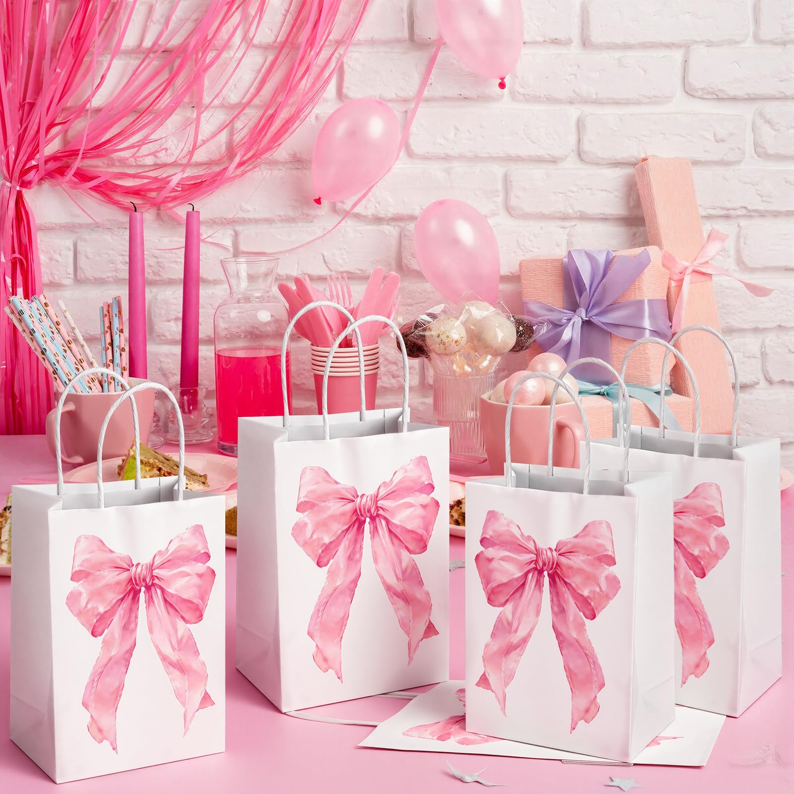 Hxezoc 12 Pieces Pink Bow Gift Bags with Handle, Paper Treat Candy Bag Girly Bow Favor Bags for Bow Theme Bachelorette Party Birthday Party Decoration Supplies
