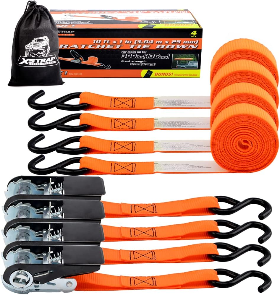 XSTRAP STANDARD Ratchet Tie Down Straps 4PK 10 Ft 300 Lbs Load Cap 900 Lbs Break Strength