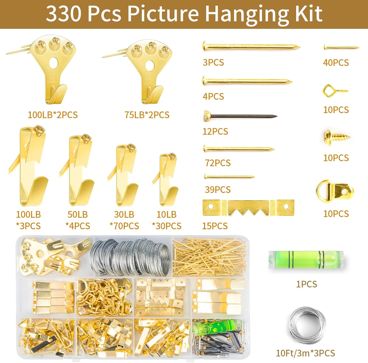Picture Hanging Assortment Kit, 330PCS Picture Hanging Kit, Picture Hangers, Picture Hanging Hooks, with Sawtooth, Screw Eyes, D Rings, Nails, Screws, Steel Wire,10-100lb Frame Hanging Hardware