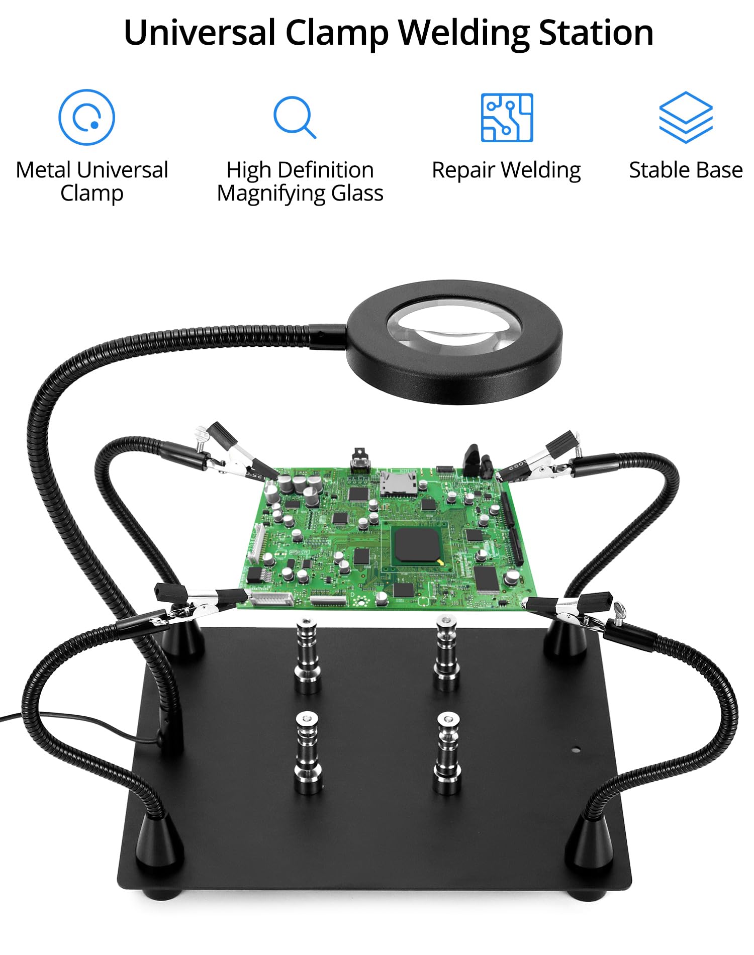 QWORK® Lutowanie z trzeciej ręki, z lampą powiększającą LED 6X, 4 ramionami pomocniczymi do lutowania, 4 kolumnami PCB