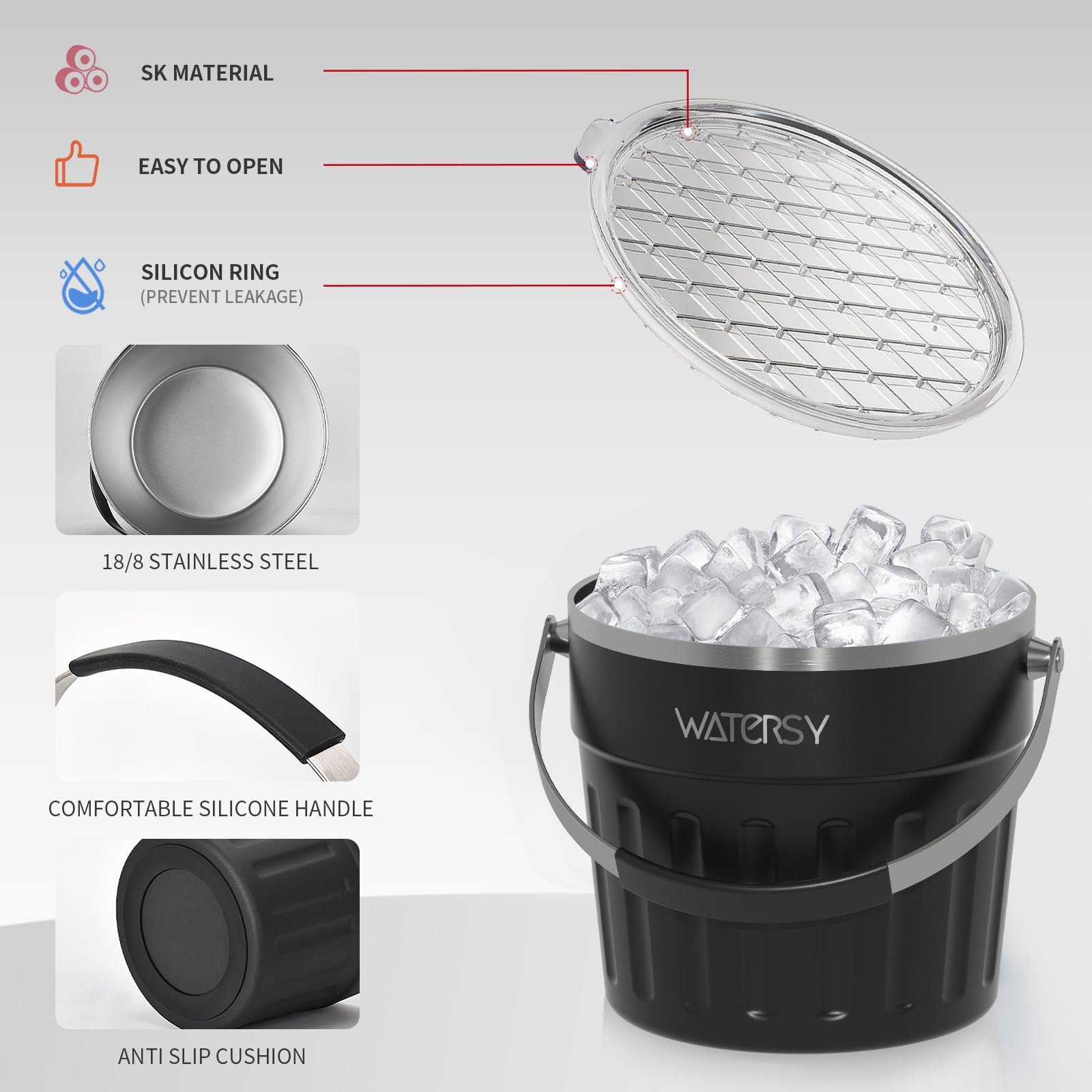 WATERSY 7,6L Eiswürfelbehälter mit Deckel, Edelstahl Eisbehälter mit Portable Tragegriff Eiszange, Schaufel, Doppelwandig Eiskübel Ideal für Partys Bier Cocktailbars, Schwarz